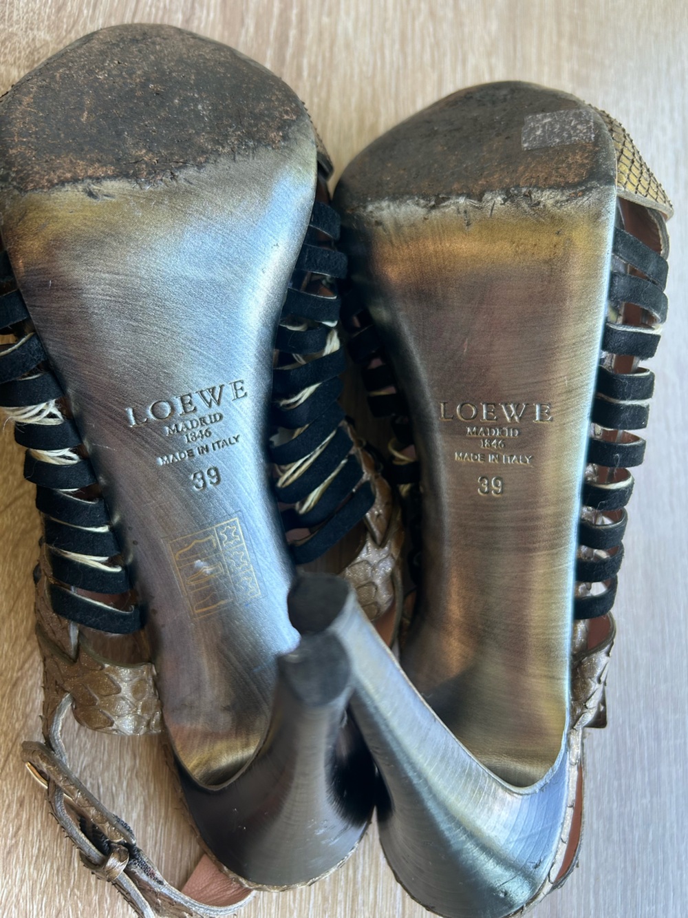 LOEWE Metallic Bronze & Black Woven Leather Slingback Sandals Y2K - Picture 8 of 8